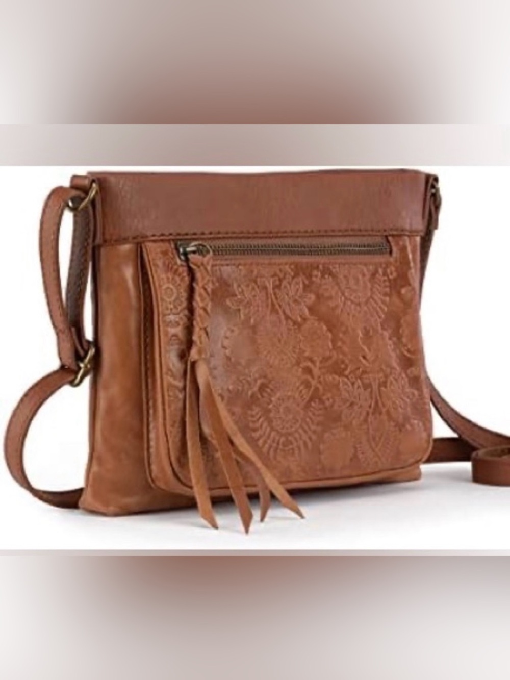 The Sak Sanibel Mini Crossbody Bag. Tobacco Floral Embossed Leather